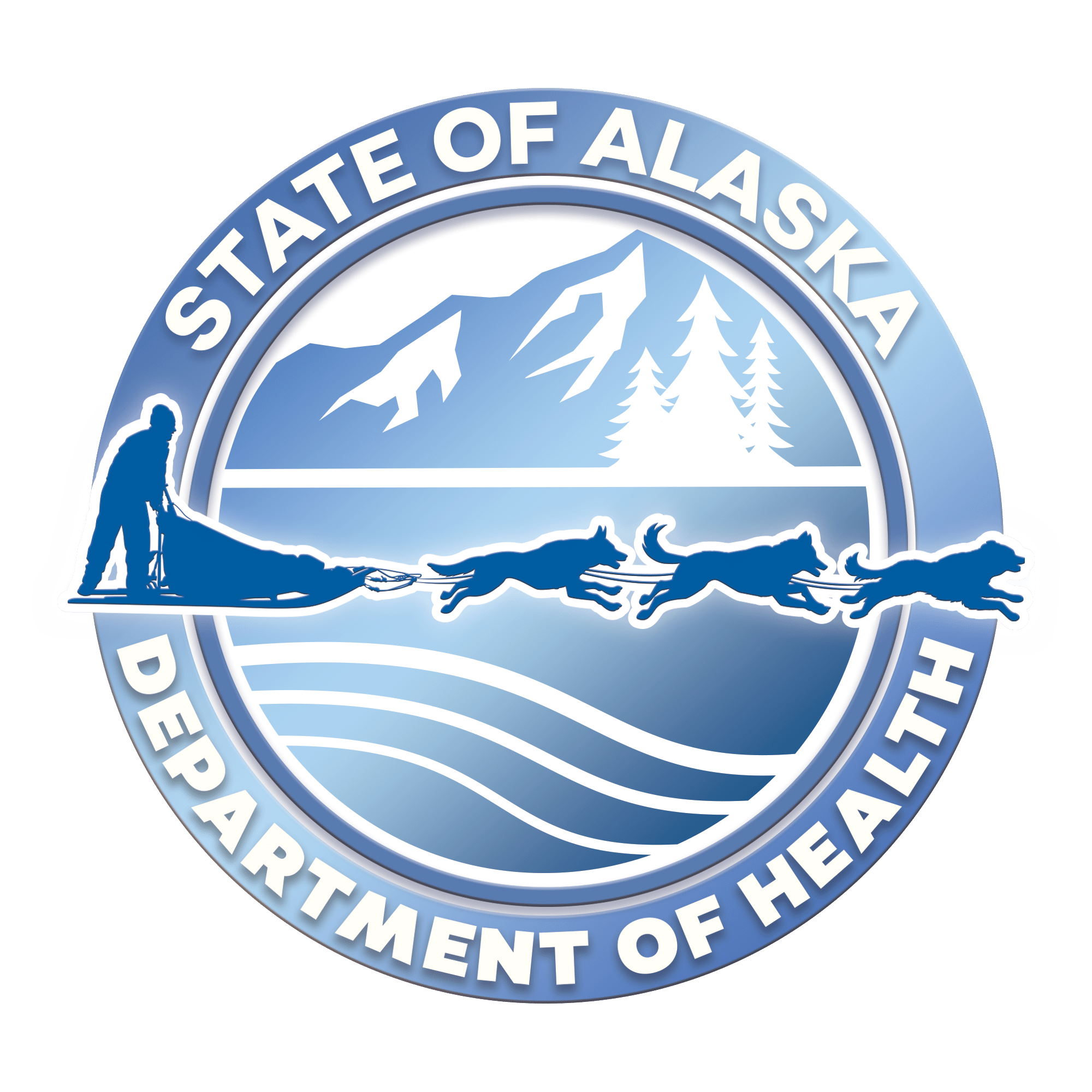 Alaska Department of Health seal with sled dogs, musher, mountains, and trees in blue tones.