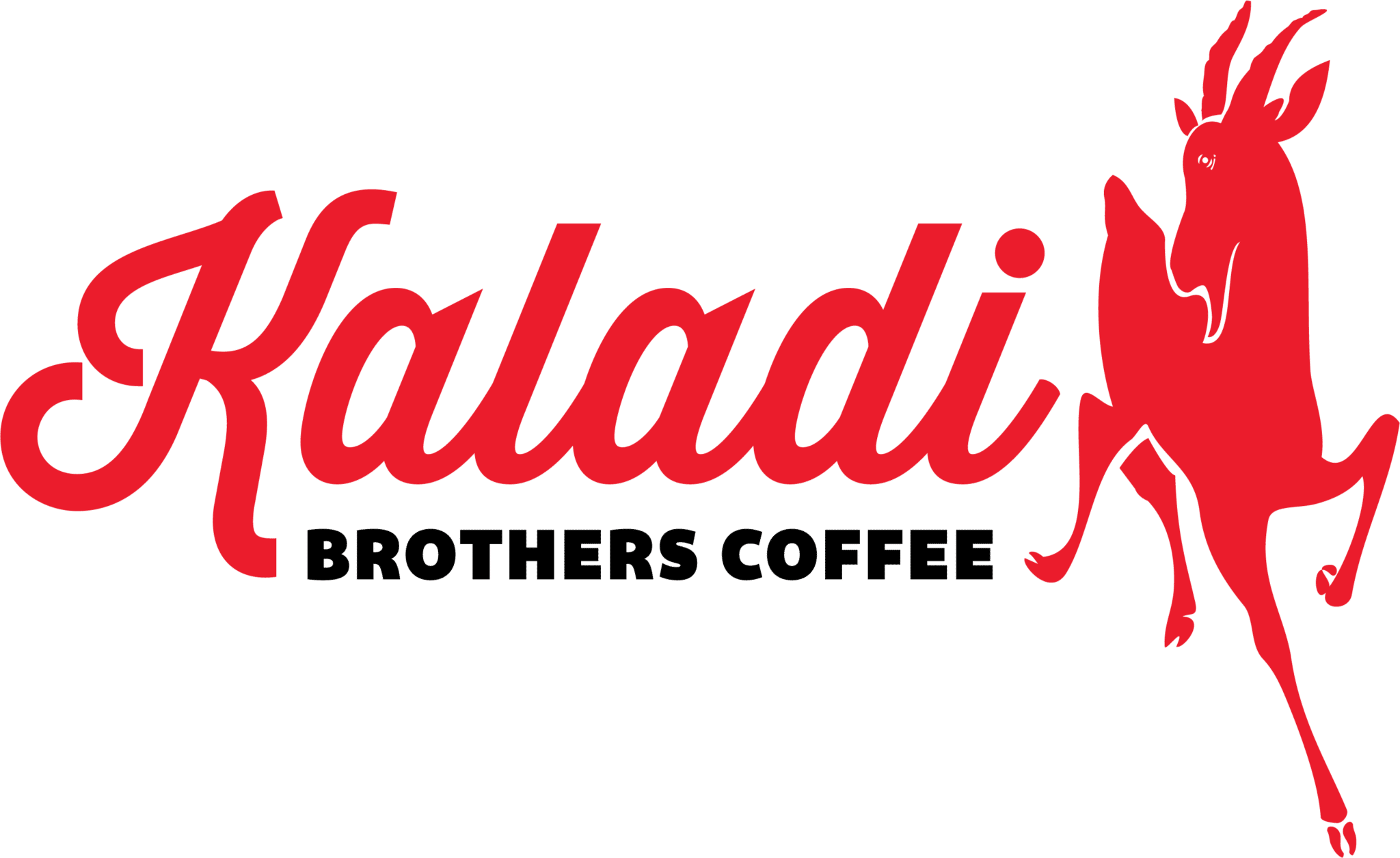 Red Kaladi Brothers Coffee text with a stylized red goat rearing up on the right side.