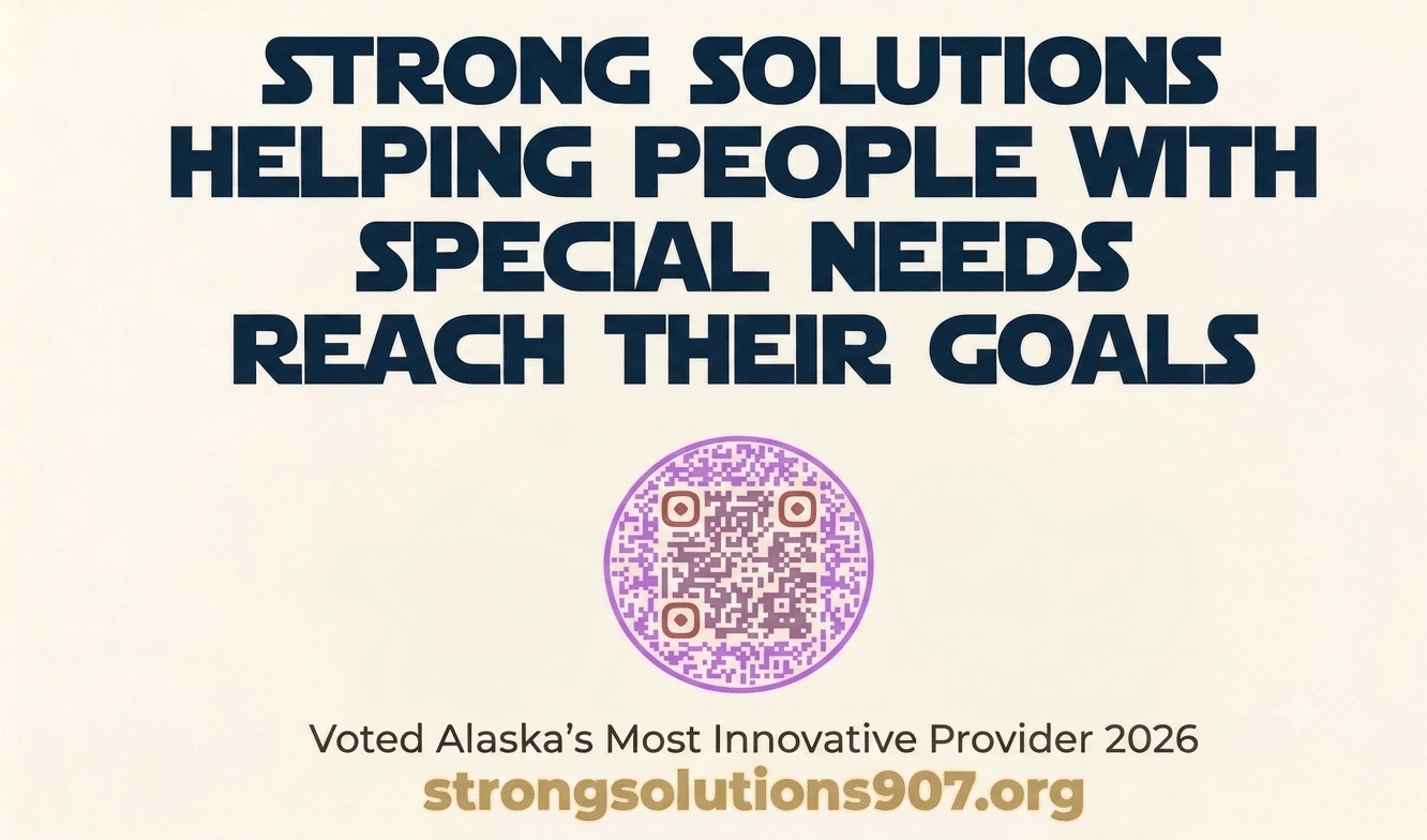 Strong Solutions helping people with special needs reach their goals. QR code in center.