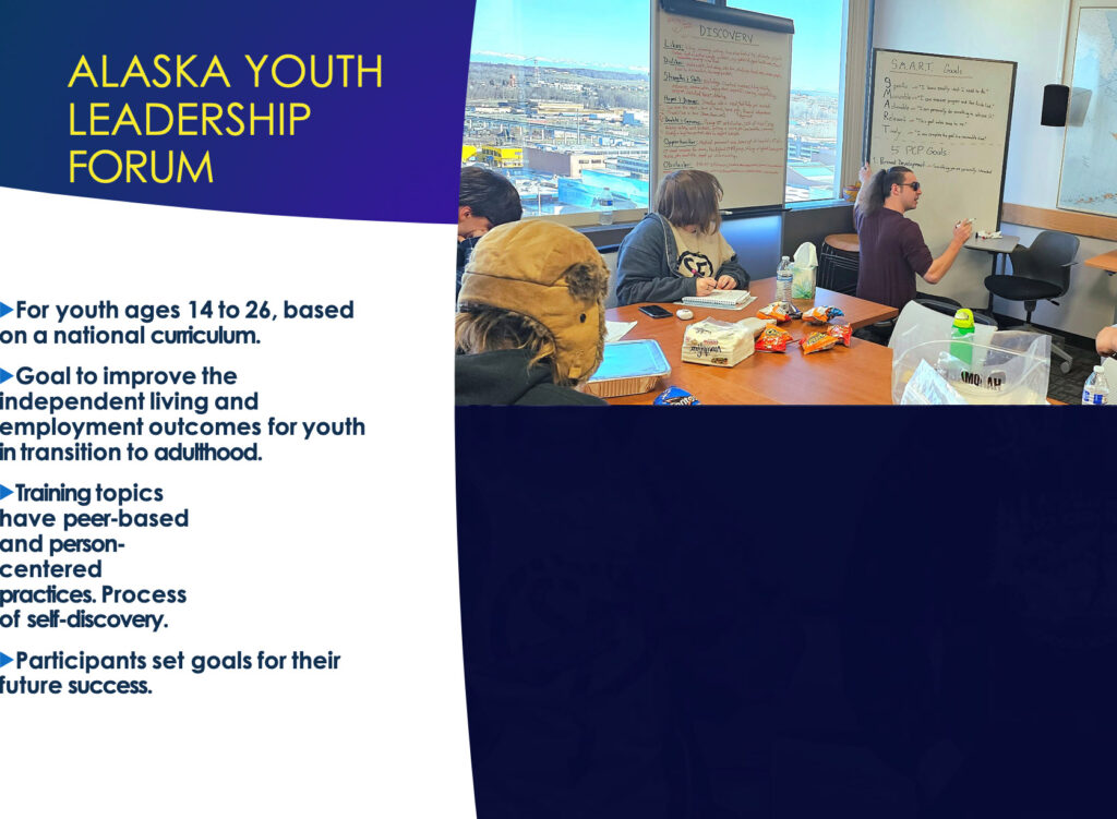 For youth ages 14 to 26, based on a national curriculum.
Goal to improve the independent living and employment outcomes for youth in transition to adulthood.
Training topics have peer-based and person-centered practices. Process of self-discovery.
Participants set goals for their future success.
