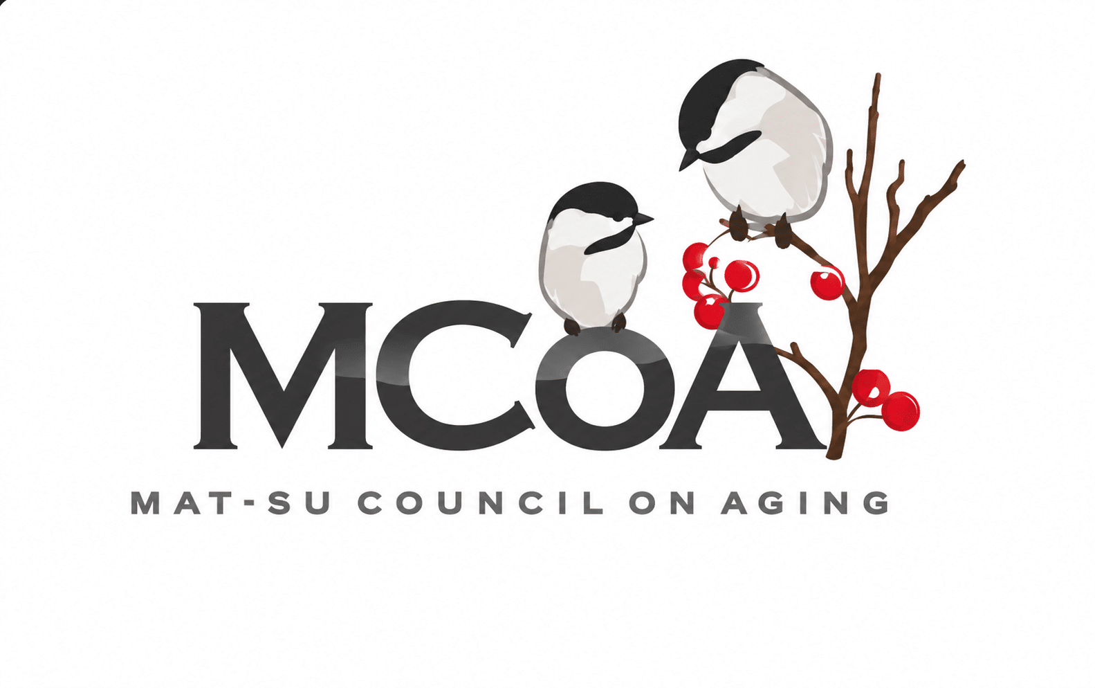Two birds on a branch with red berries above MCOA Mat-Su Council on Aging text.