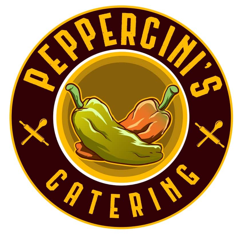 Logo with two peppers and the text Peppercinis Catering in a circular design.